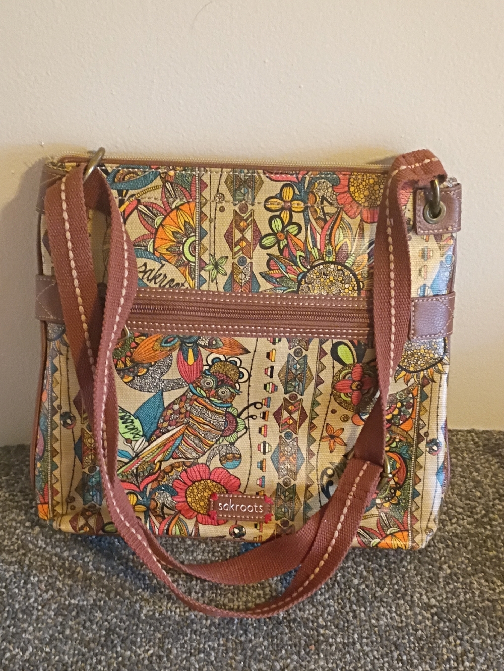 Sakroots Beige Multi-Color Floral Crossbody with Brown Strap